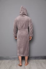 Taş Biyeli Uzun Kapüşonlu Bambu Pamuklu Erkek Bornozu Taş L/XL