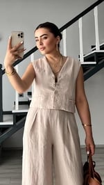 Taş Ham Keten Yelek Pantolon Takım