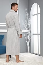 Taş Rengi Pitikare Desenli Bambo Cotton Erkek Bornozu A.Gri L/XL