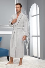 Taş Rengi Pitikare Desenli Bambo Cotton Erkek Bornozu A.Gri L/XL