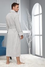 Taş Rengi Pitikare Desenli Bambo Cotton Erkek Bornozu A.Gri L/XL