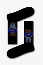 Teddy Bear Desen Siyah Unisex Soket Çorap Siyah Standart