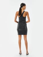 Tek Omuz Elbise Mini Metalik Simli Pencere Detaylı Slim Fit