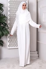 Tek Parça Pratik Başörtülü Robalı Namaz Elbisesi 8015 Kırık Beyaz