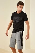 TOMMY LIFE Gri Melanj Yan Şeritli Standart Kalıp Şort, S, T08ER-81148, Gb Melanj, Erkek