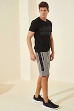 TOMMY LIFE Gri Melanj Yan Şeritli Standart Kalıp Şort, S, T08ER-81148, Gb Melanj, Erkek