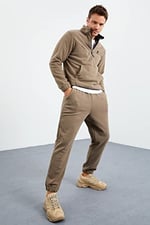 TOMMY LIFE TOMMYLIFE Lacivert Yarım Fermuar Dik Yaka Lastik Paça Polar Eşofman Takımı, T09ER-85159