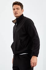 TOMMYLIFE Lacivert Yarım Fermuar Dik Yaka Lastik Paça Polar Erkek Eşofman Takımı - 85159