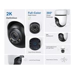 TP-Link Tapo TC41 2K Dış Mekan Pan/Tilt Güvenlik Wi-Fi Kamera, IP65 Hava Koşullarına Dayanıklı, Hareket Algılama, 360° Görsel Kapsama Alanı, Tam Renkli Gece Görüşü, Yerel Depolama, Alexa ve GoogleHome