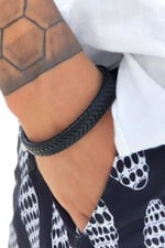 Trend Collection Erkek Hakiki Deri Bileklik Siyah Renk Örgü Klasik Bileklik