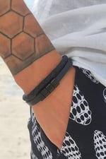 Trend Collection Erkek Hakiki Deri Bileklik Siyah Renk Çift Şeritli Klasik Bileklik