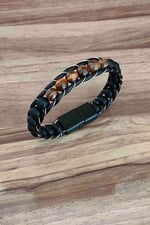 Trend Collection Kaplan Gözü Ve Oniks Doğal Taş Çelik Manyetik Kapama Hakiki Deri Bileklik
