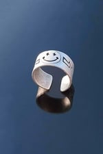Trend Collection Smile Gülen Yüz Şimşek Motif Gümüş Kaplama Ayarlanabilir Yüzük