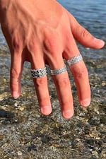 Trend Collection Unisex Model Gümüş Kaplama Sezar Pusula Hasır Model Ayarlanabilir 3'lü Yüzük Set