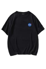 TrendSeninle Erkek Siyah T-shirt Nasa Logo Baskılı Oversize Tişört