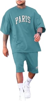 TrendSeninle Erkek Taba Renk Colour Block Desen Oversize Şortlu Takım