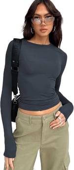TrendSeninle Füme Bisiklet Yaka Basic Uzun Kollu Body FÜME L