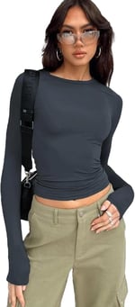 TrendSeninle Füme Bisiklet Yaka Basic Uzun Kollu Body FÜME L