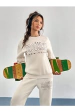 TrendSeninle Kadın Bej 1898 Brooklyn Baskılı Oversize Alt Üst Eşofman Takımı