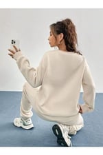 TrendSeninle Kadın Bej 1898 Brooklyn Baskılı Oversize Alt Üst Eşofman Takımı