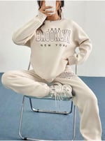 TrendSeninle Kadın Bej 1898 Brooklyn Baskılı Oversize Alt Üst Eşofman Takımı