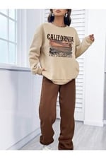 TrendSeninle Kadın Bej California Seaside Baskılı Oversize Alt Üst Eşofman Takımı