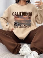 TrendSeninle Kadın Bej California Seaside Baskılı Oversize Alt Üst Eşofman Takımı