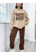 TrendSeninle Kadın Bej California Seaside Baskılı Oversize Alt Üst Eşofman Takımı