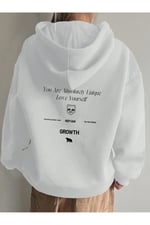TrendSeninle Kadın Beyaz Calm Growth Baskılı Oversize Kapüşonlu Sweatshirt