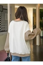 TrendSeninle Kadın Beyaz Enough Baskılı Siyah Kol Detay Oversize Sweatshirt