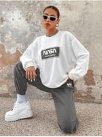 TrendSeninle Kadın Beyaz Füme Nasa Baskılı Oversize Alt Üst Eşofman Takımı