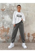 TrendSeninle Kadın Beyaz Füme Nasa Baskılı Oversize Alt Üst Eşofman Takımı