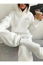 TrendSeninle Kadın Beyaz I AM PERFECT Baskılı Oversize Alt Üst Eşofman Takımı