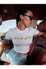 TrendSeninle Kadın Beyaz Its All Good Baskılı Bisiklet Yaka Oversize Crop T-shirt
