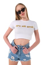 TrendSeninle Kadın Beyaz Its All Good Baskılı Bisiklet Yaka Oversize Crop T-shirt