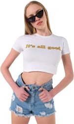 TrendSeninle Kadın Beyaz Its All Good Baskılı Bisiklet Yaka Oversize Crop T-shirt