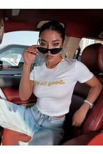 TrendSeninle Kadın Beyaz Its All Good Baskılı Bisiklet Yaka Oversize Crop T-shirt