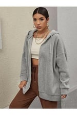 TrendSeninle Kadın Gri Fermuarlı Sweatshirt