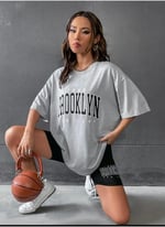 TrendSeninle Kadın Gri Oversize Brooklyn Baskılı Taytlı Takım