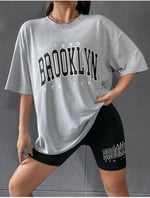 TrendSeninle Kadın Gri Oversize Brooklyn Baskılı Taytlı Takım