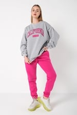 TrendSeninle Kadın Gri Pembe California 1991 Baskılı Oversize Alt Üst Eşofman Takımı