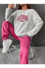 TrendSeninle Kadın Gri Yeşil California 1991 Baskılı Oversize Alt Üst Eşofman Takımı