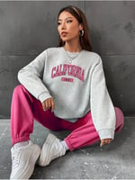 TrendSeninle Kadın Gri Yeşil California 1991 Baskılı Oversize Alt Üst Eşofman Takımı
