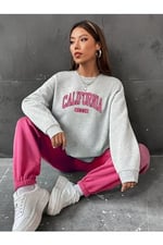 TrendSeninle Kadın Gri Yeşil California 1991 Baskılı Oversize Alt Üst Eşofman Takımı