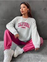 TrendSeninle Kadın Gri Yeşil California 1991 Baskılı Oversize Alt Üst Eşofman Takımı