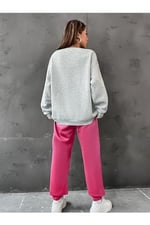 TrendSeninle Kadın Gri Yeşil California 1991 Baskılı Oversize Alt Üst Eşofman Takımı