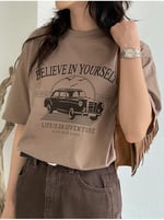 TrendSeninle Kadın Kahverengi Believe In Yourself Baskılı Oversize Tişört