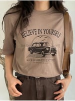 TrendSeninle Kadın Kahverengi Believe In Yourself Baskılı Oversize Tişört