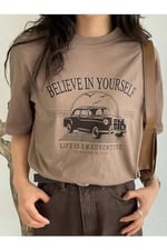 TrendSeninle Kadın Kahverengi Believe In Yourself Baskılı Oversize Tişört