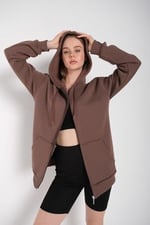 TrendSeninle Kadın Kahverengi Fermuarlı Sweatshirt Hırka